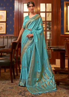 Cerulean Blue Designer Satin Silk Saree