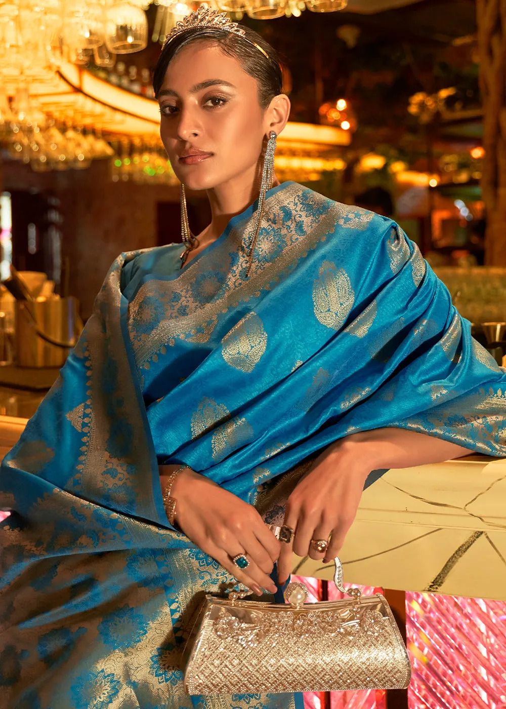 Cerulean Blue Handloom Woven Banarasi Silk Saree