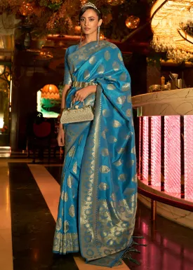 Cerulean Blue Handloom Woven Banarasi Silk Saree