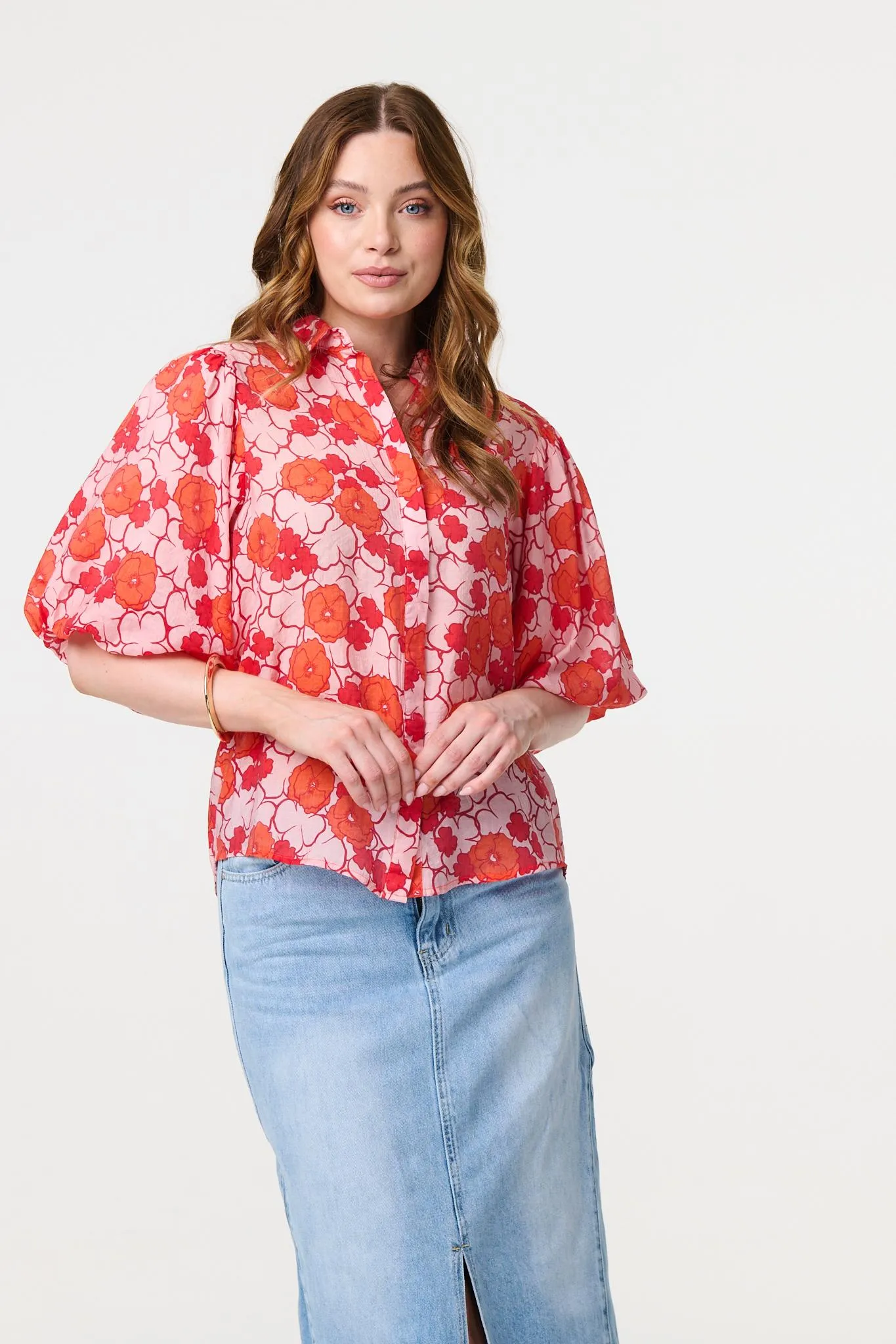 Leaf Print 1/2 Puff Sleeve Blouse