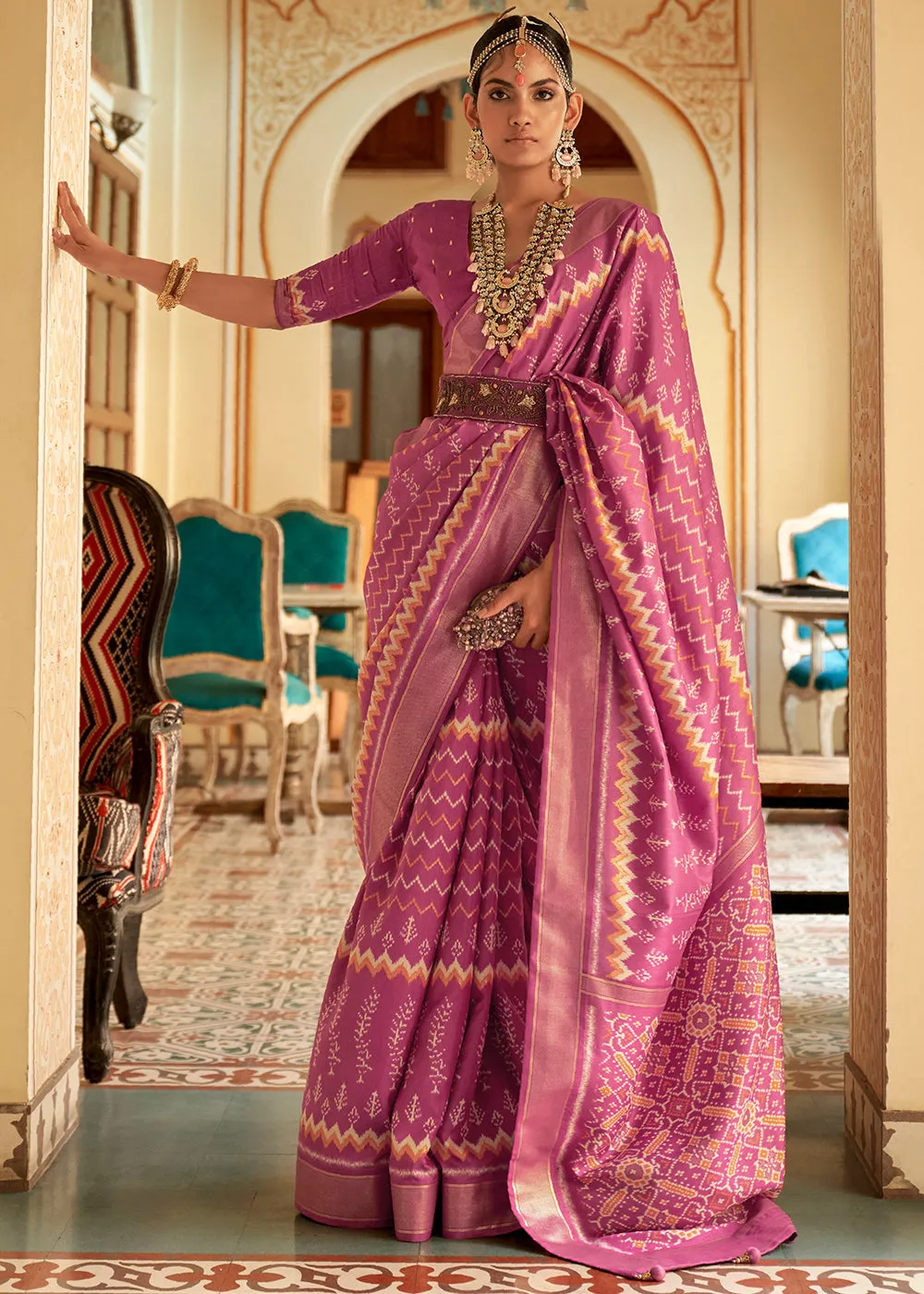 Mulberry Purple Designer Printed Silk Saree