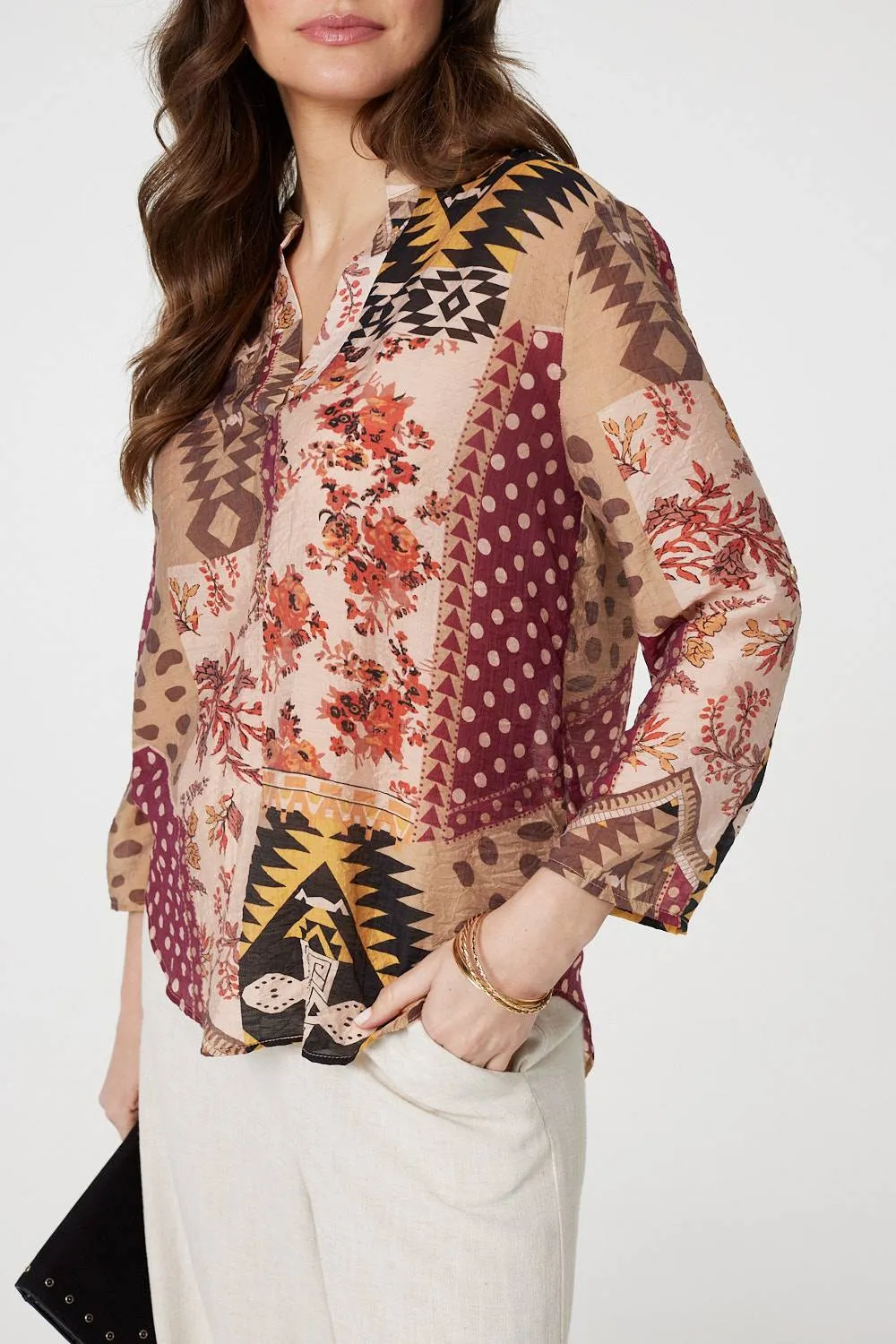 Patchwork Print Curve Hem Blouse