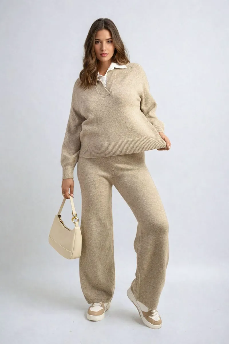 Patricia Long Sleeve Knitted Collar Top and Wide Leg Pants Co-ord Set