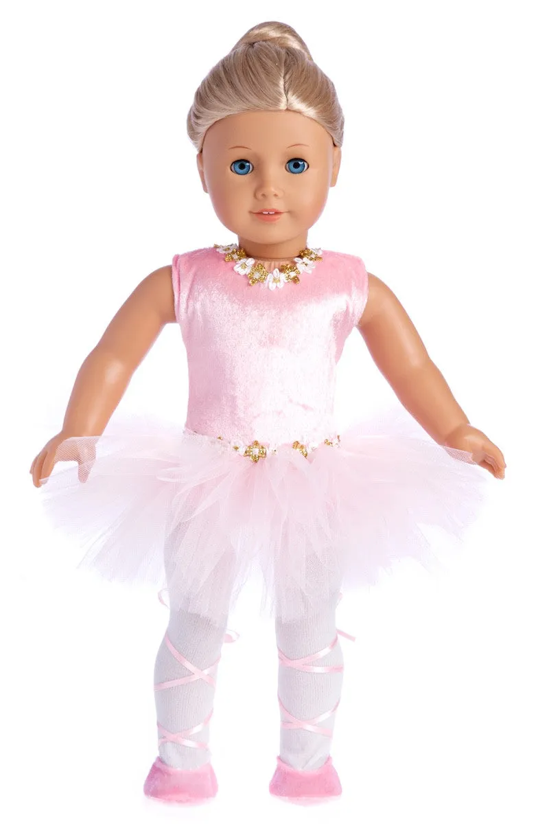 Prima Ballerina - Clothes for 18 inch Doll - 3 Piece Ballet Outfit - Pink Leotard with Tutu, White Tights and Slippers