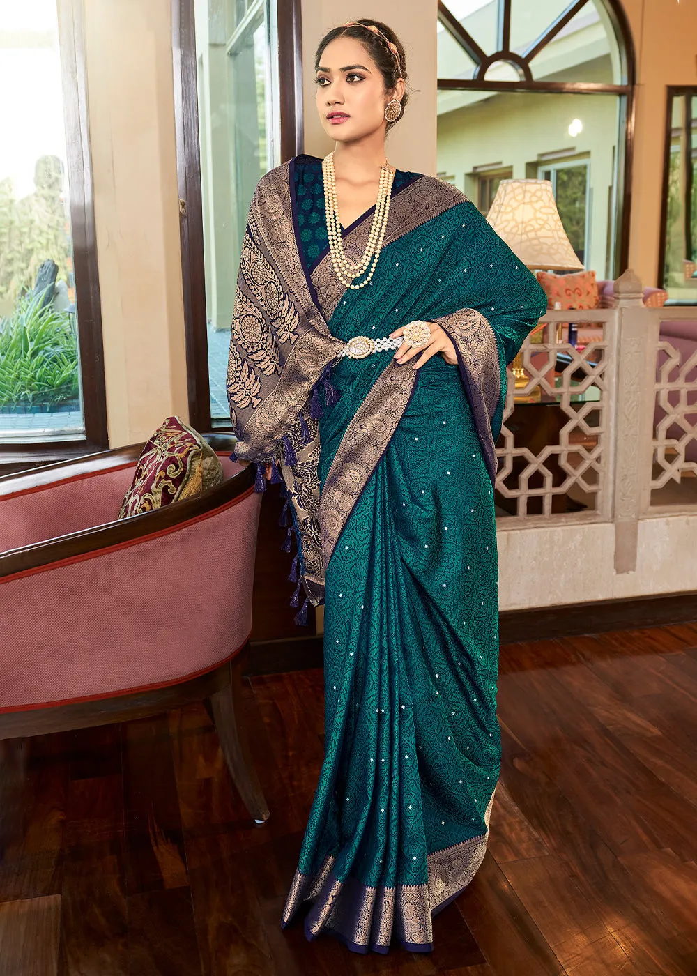 Prussian Blue Woven Two Tone Soft Silk Saree