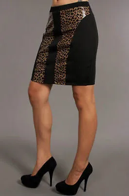 Skirt Pencil Leopard Animal Panel Faux Leather Sexy Wild Stretch Bodycon