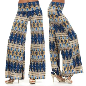 Tribal Aztec Wide Leg Palazzo Casual Pants Tan High Waist Foldover