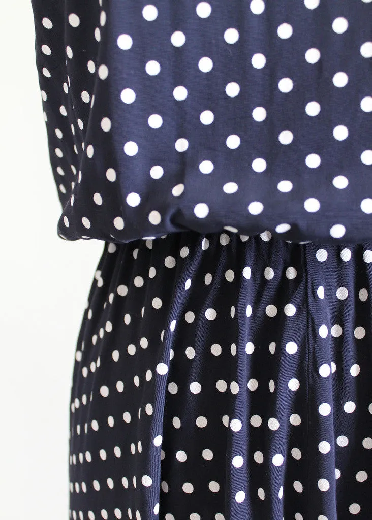 Vintage 1980s Navy and White Polka Dot Day Dress